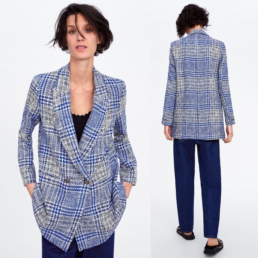 Zara Frock Blazer Coat Plaid Pronounced Shoulders Blue/White Color Size XS NWT.